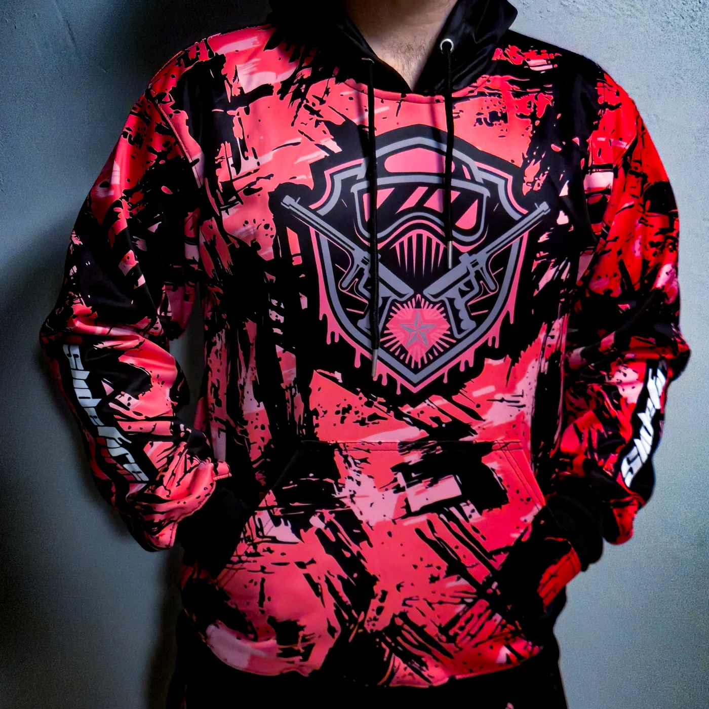 Front of a red and black custom SlideFirePro team hoodie