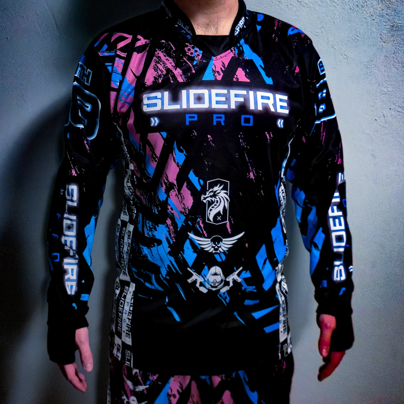 Front of a blue and pink custom SlideFirePro jersey